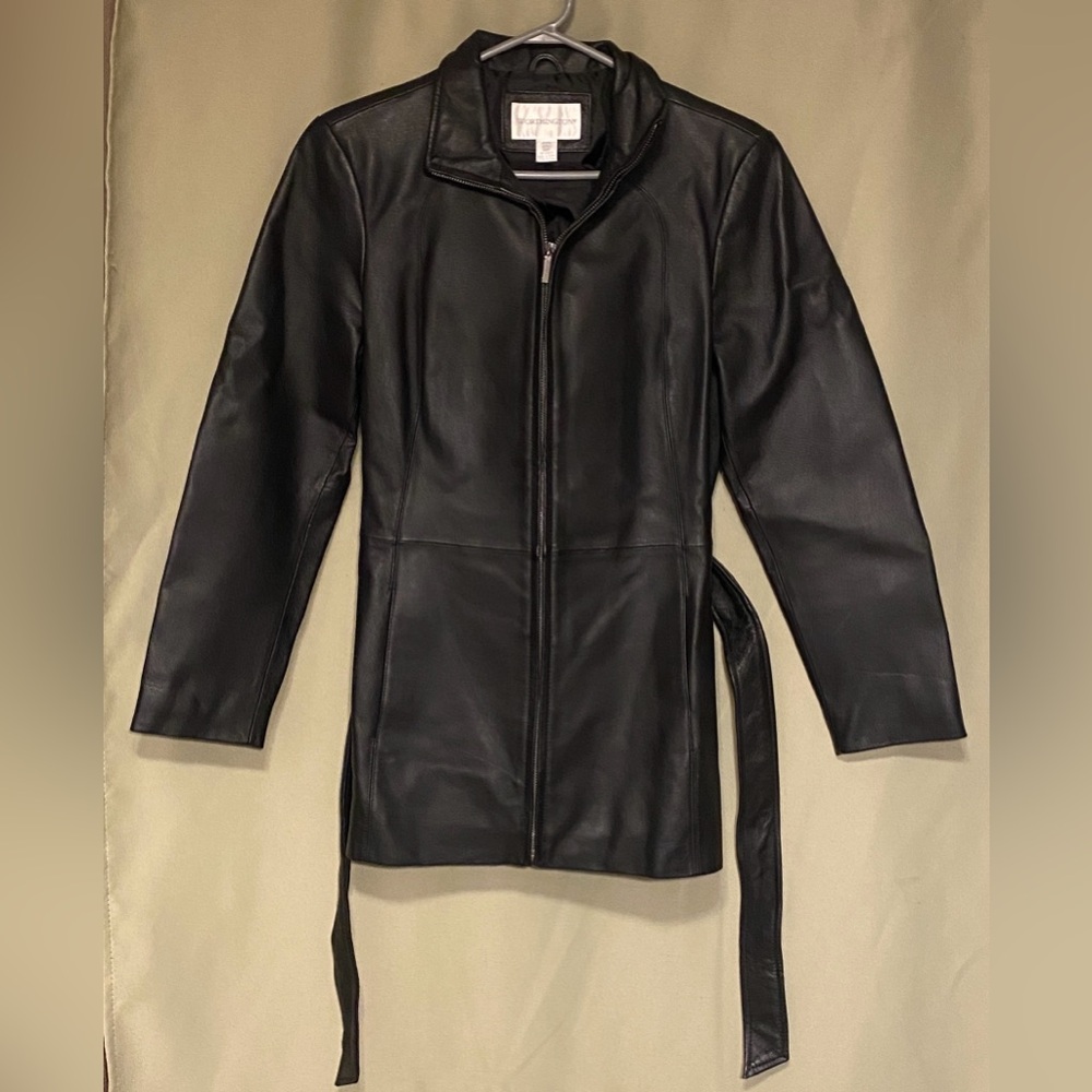 Worthington Genuine Napa De Cerdo Black Belted Leather Jacket Women Small/Petite